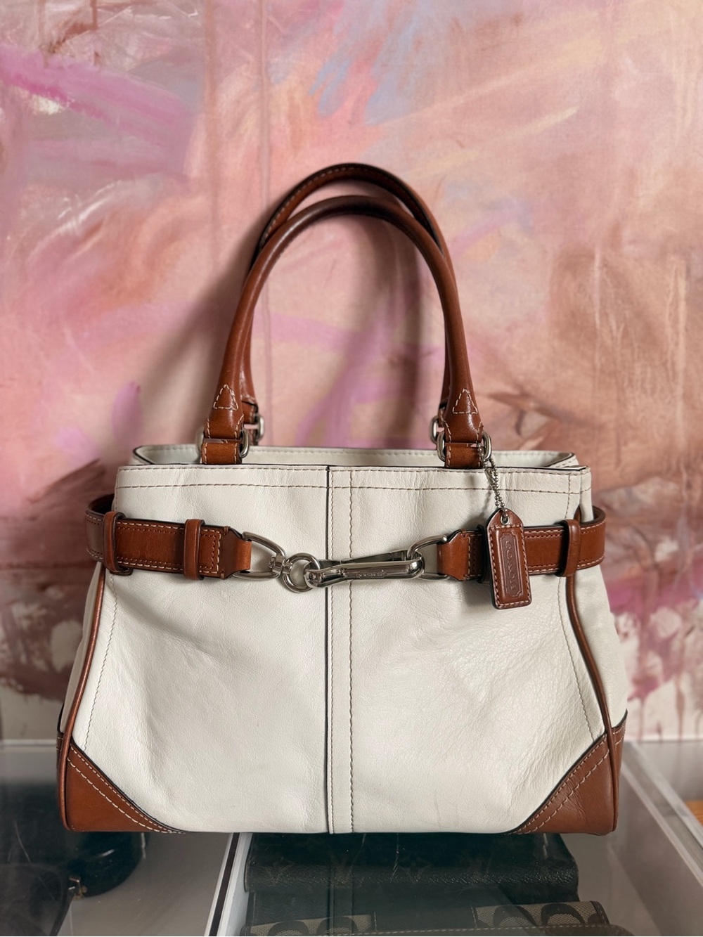 Coach Hampton Leather Tote Handbag in White and Brown